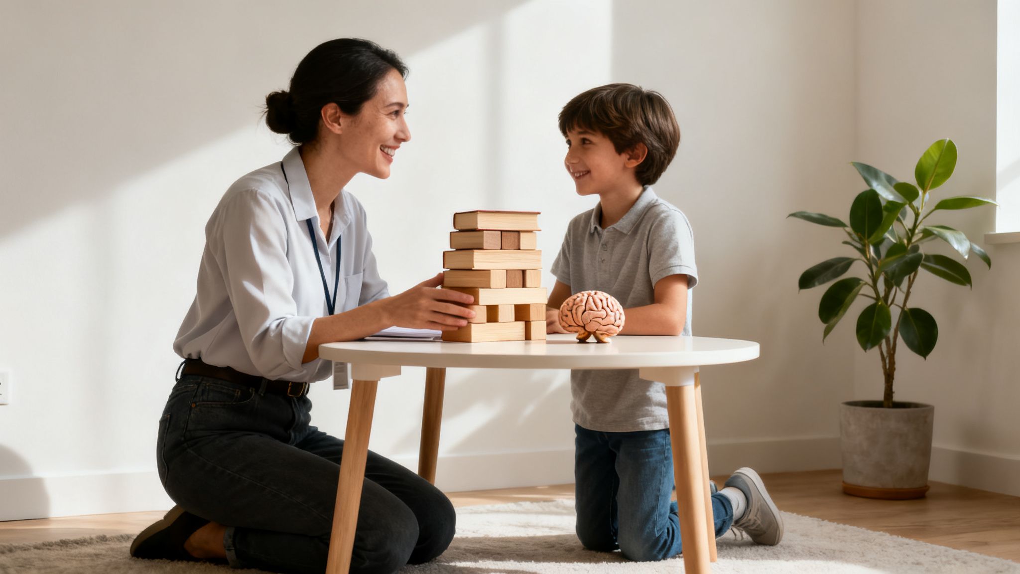 A female therapist and a young boy smiling while playing a game with educational toys.