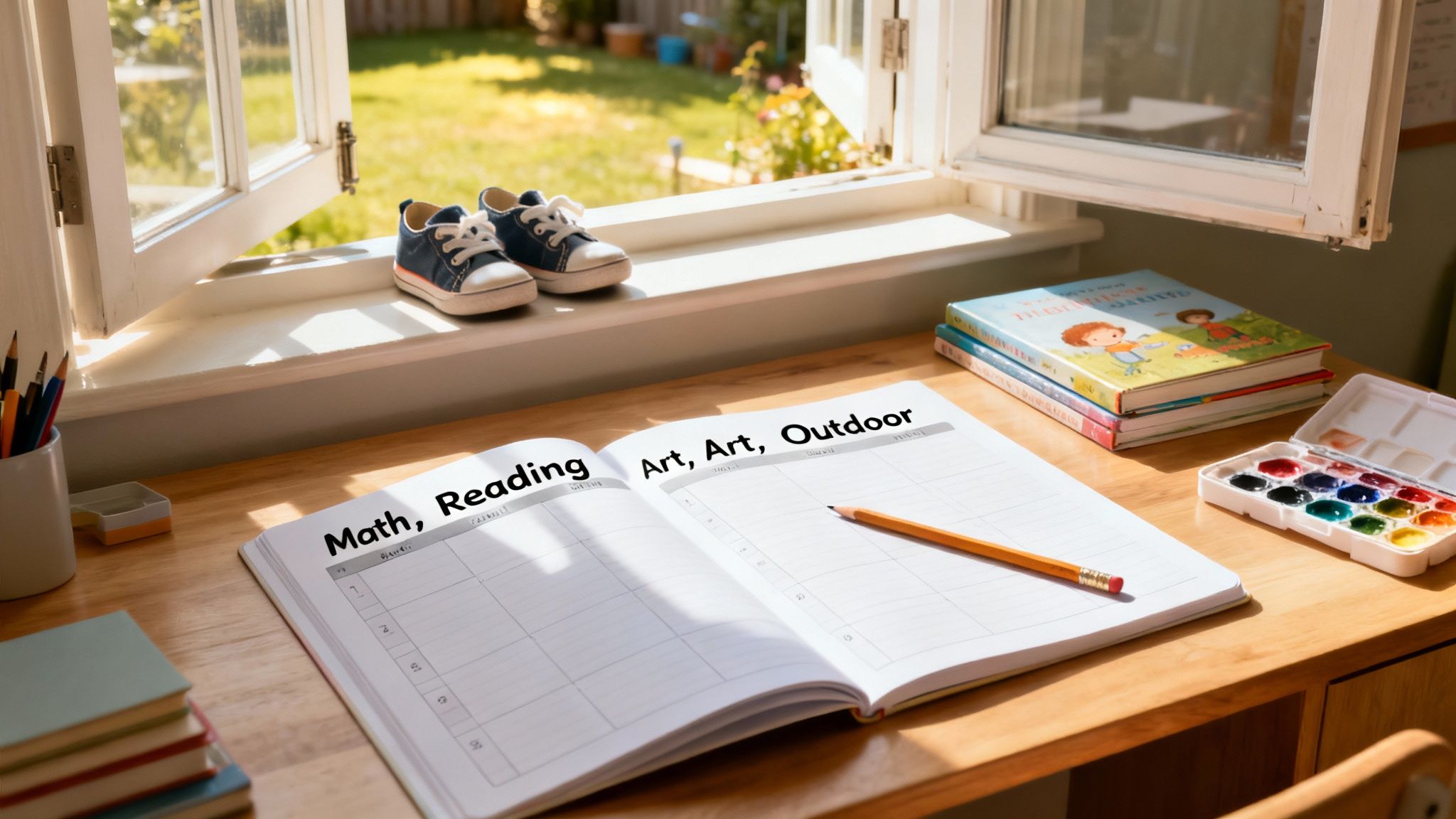 Homeschool desk with open planner, books, watercolors, and child's shoes by a sunny window.