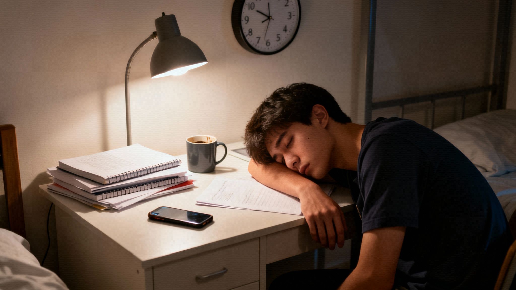 Young man asleep at a desk late at night with study books and coffee.