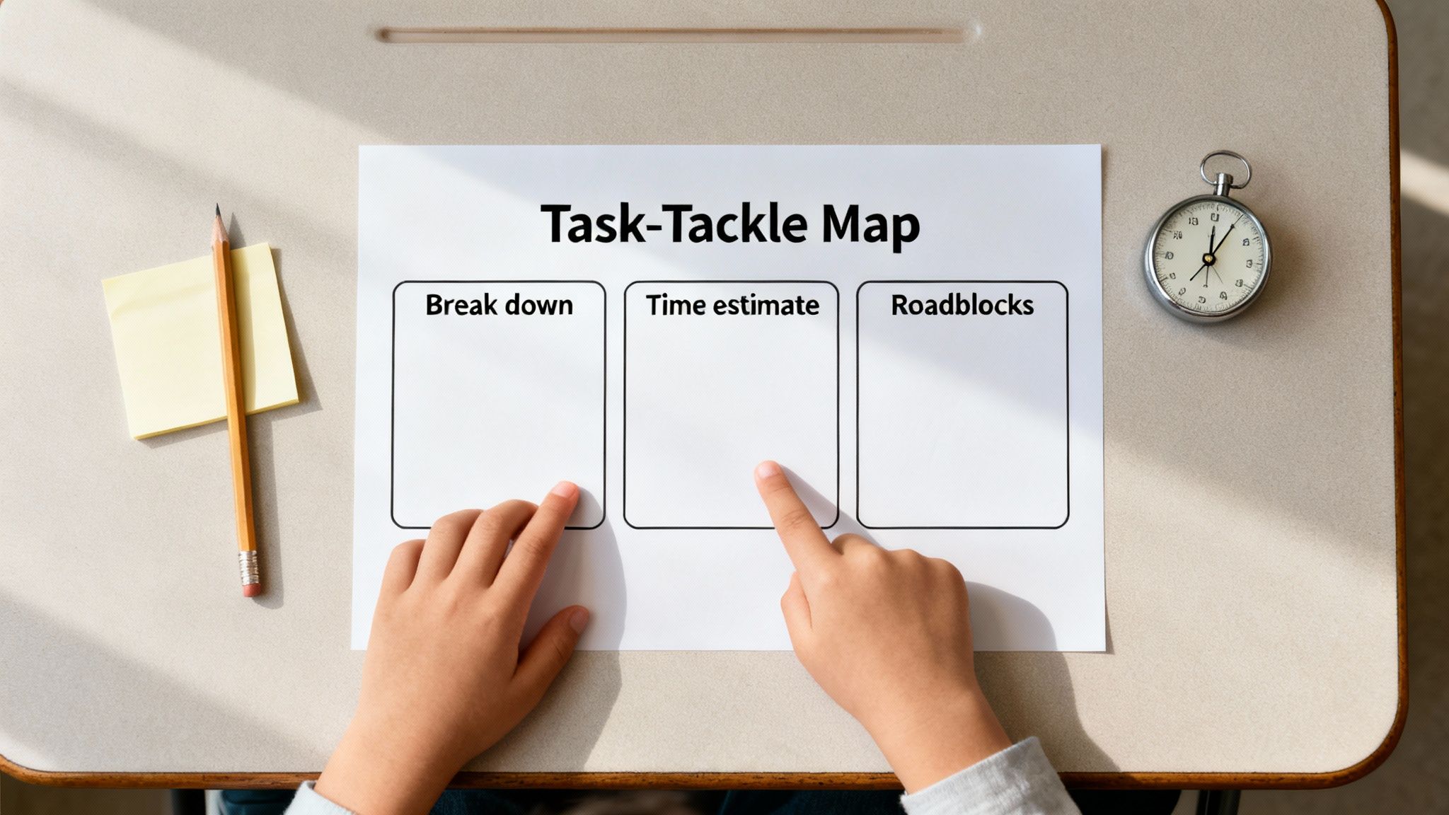 Child's hands pointing to a 'Task-Tackle Map' for planning tasks, estimating time, and identifying roadblocks.