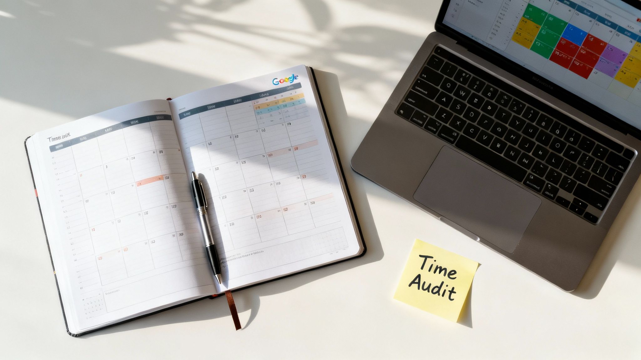 A flat lay of a planner, pen, laptop with Google Calendar, and a 'Time Audit' sticky note.