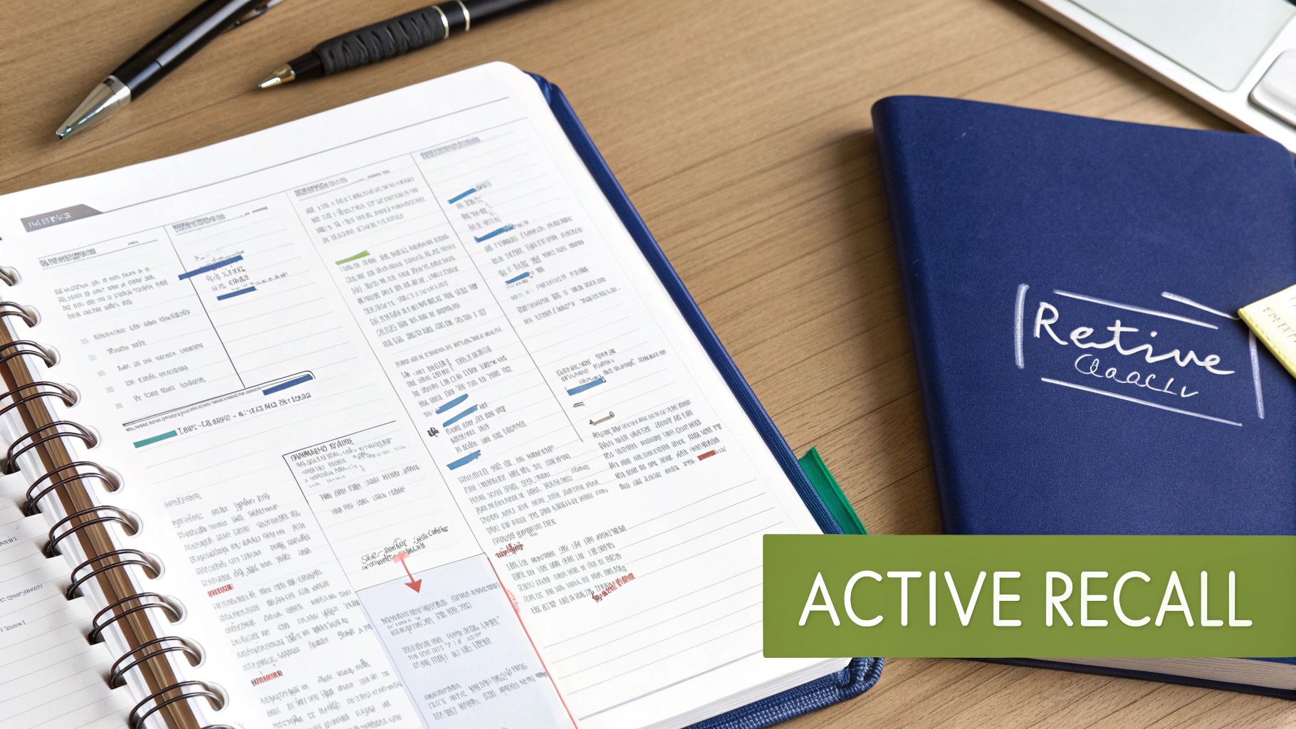 Overhead view of a study desk with an open planner, pens, and a blue 'Retive' notebook featuring 'ACTIVE RECALL' text.
