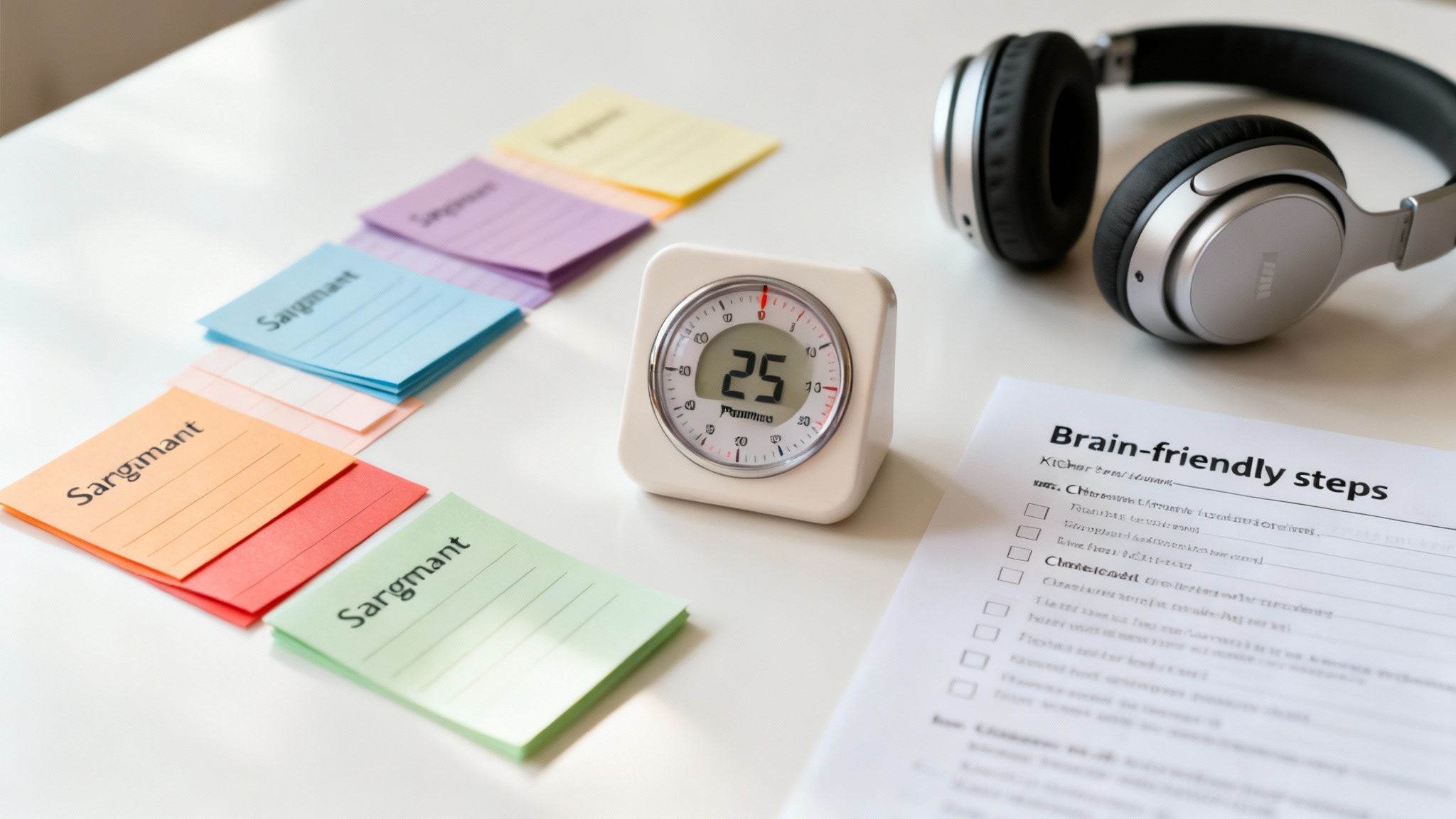 A productivity setup with a Pomodoro timer, colorful notes, headphones, and a 'Brain-friendly steps' checklist.