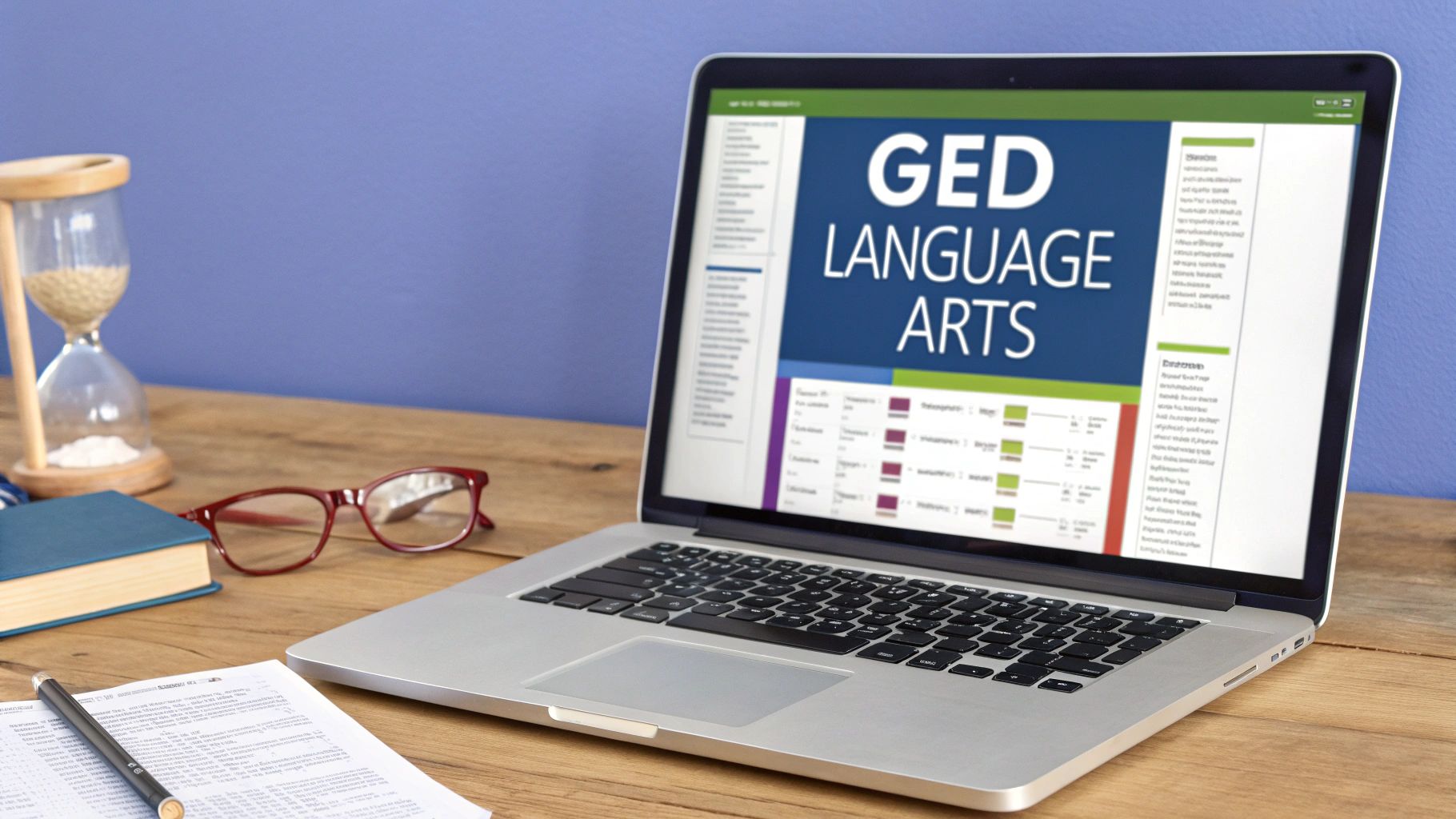 Laptop displaying GED Language Arts on a wooden desk with study materials like an hourglass and glasses.