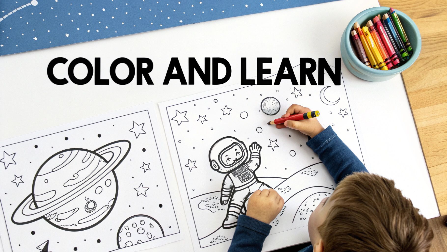A child colours an astronaut on a space-themed colouring page with 'COLOUR AND LEARN' text.