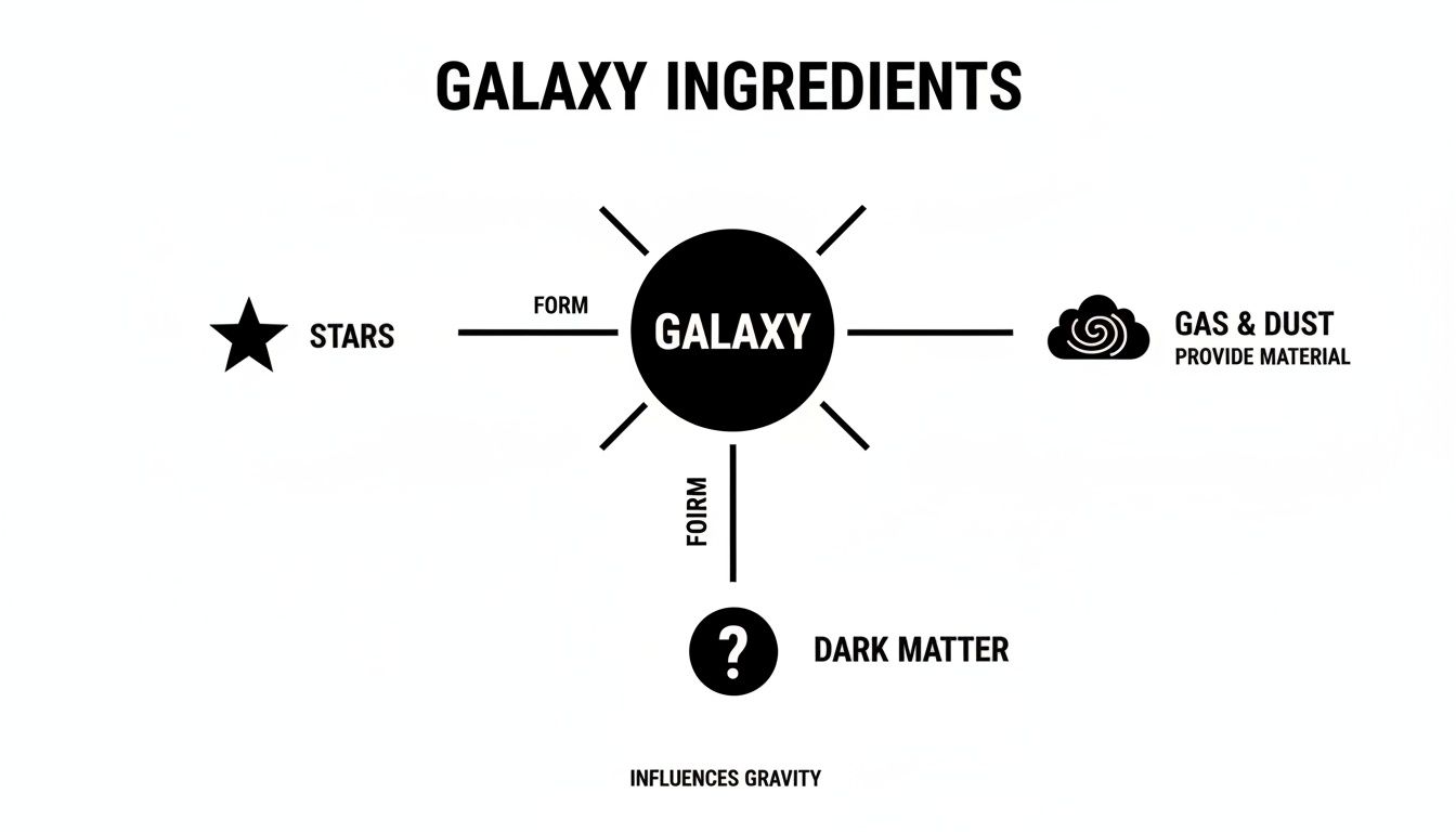 Diagram illustrating the ingredients of a galaxy: stars, gas & dust, and dark matter.