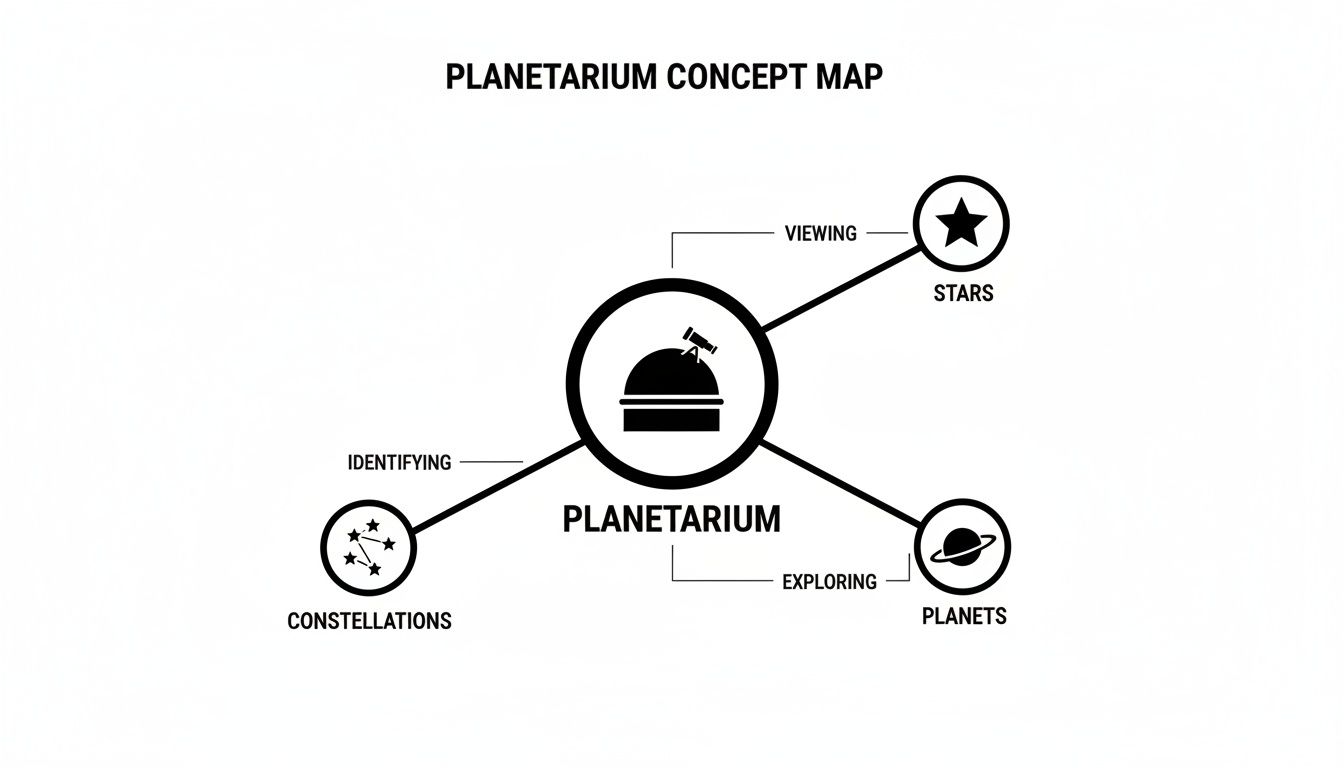 A concept map illustrating a planetarium's functions: viewing stars, identifying constellations, and exploring planets.