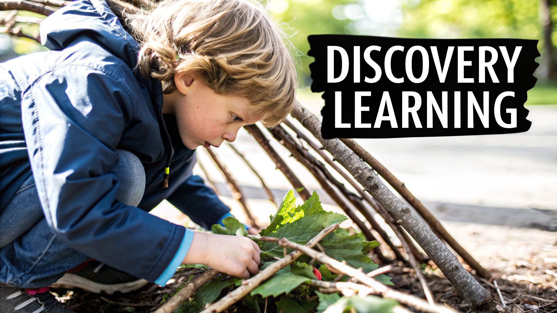 A young child crouches outdoors, exploring leaves and sticks as part of discovery learning.