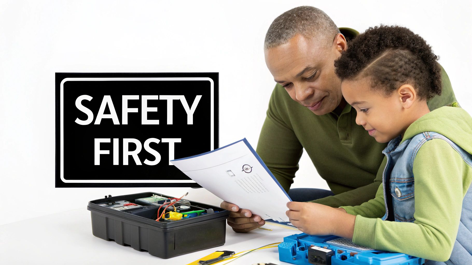 Parent and child reading safety instructions manual before using science kit with toolbox