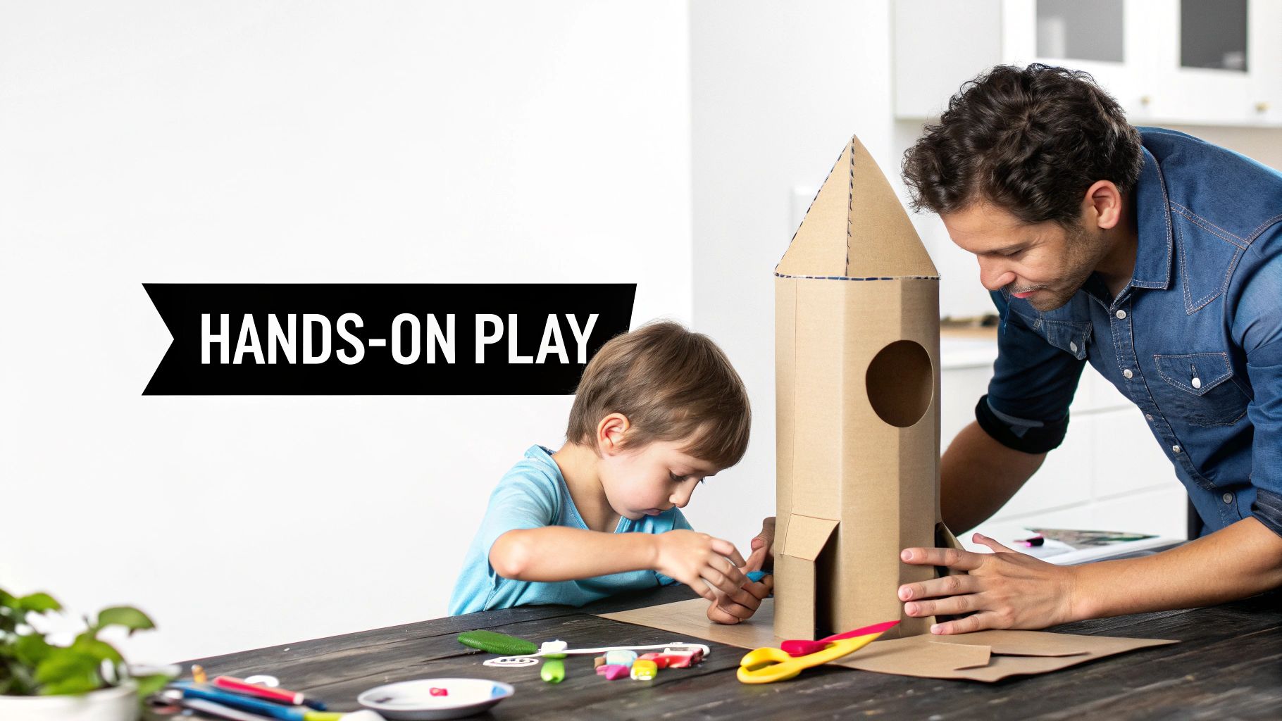 A father and son bonding over a hands-on craft activity, building a cardboard rocket.