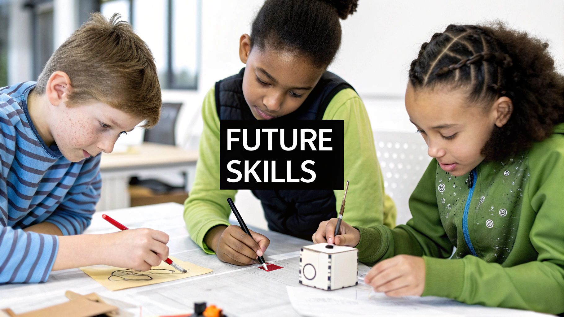 Three diverse children engaged in a hands-on learning activity, likely related to future skills development.
