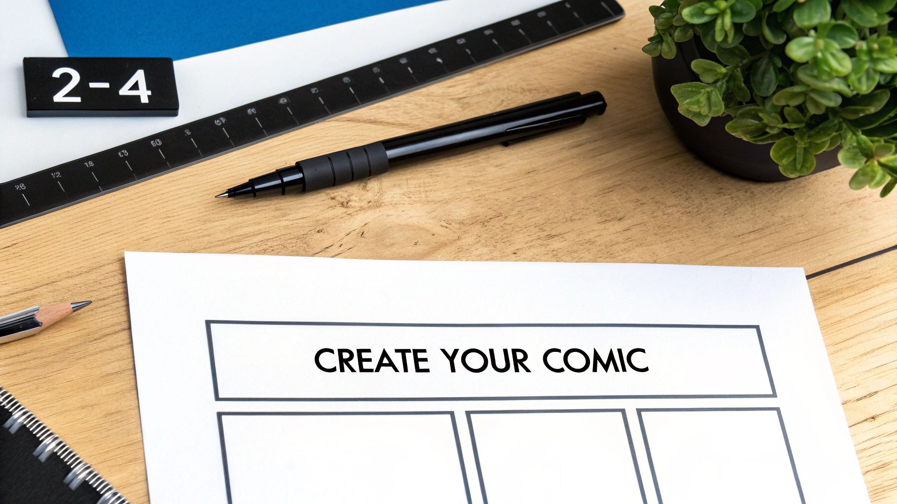 Overhead view of a 'Create Your Comic' template on a wooden desk with drawing tools and a plant.