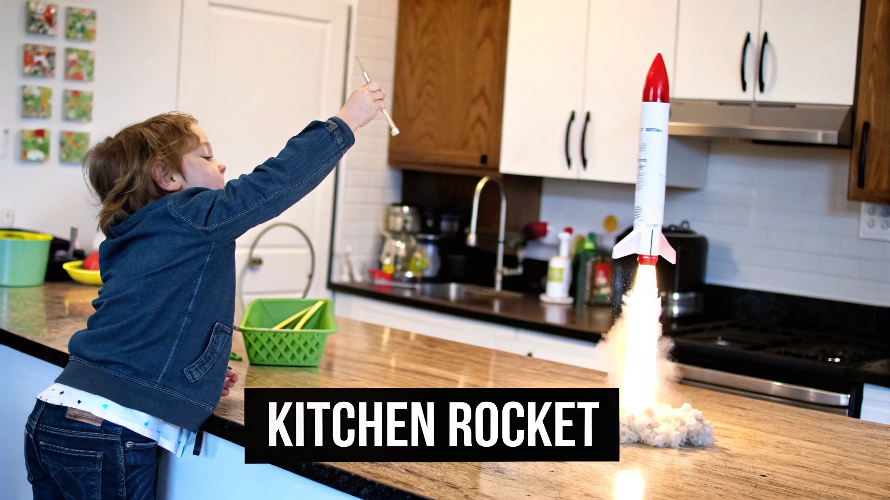 A child and a parent working together on a fun science experiment at their kitchen table.
