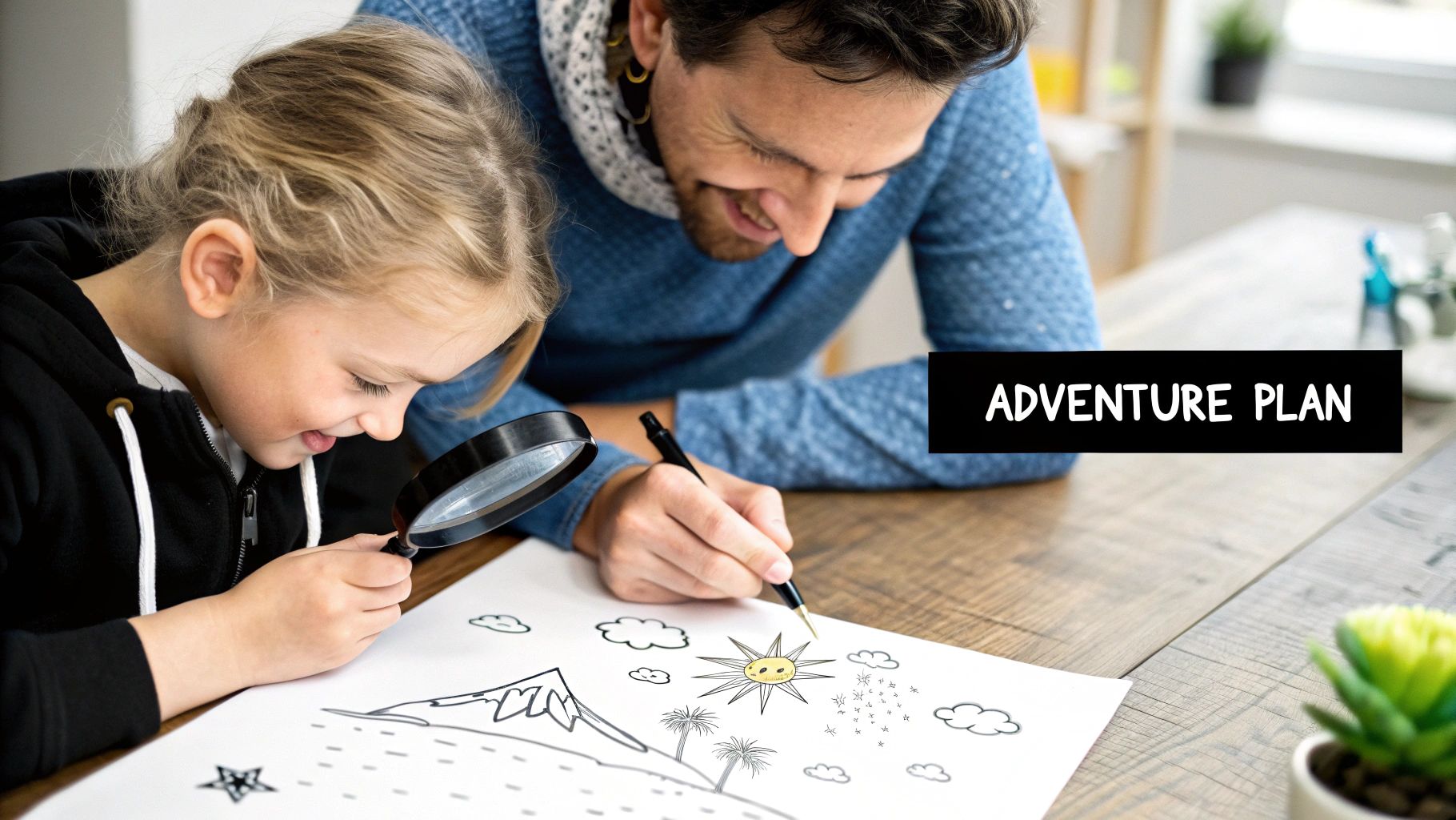 A man and a young girl drawing an adventure plan with a magnifying glass.
