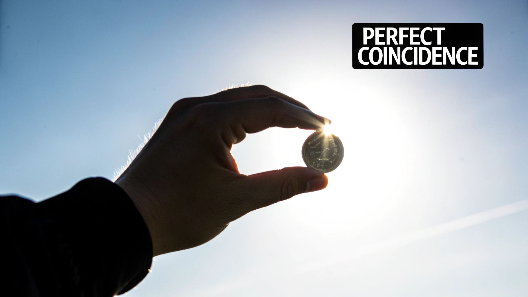 A hand silhouettes against a bright sky, holding a coin to perfectly cover the sun, labeled 'Perfect Coincidence'.