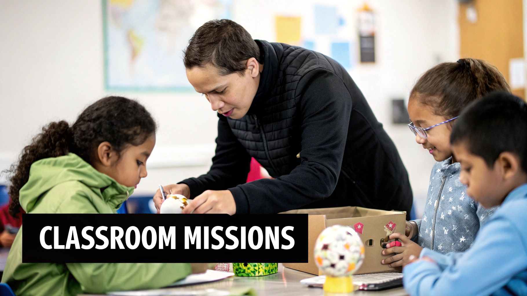 A diverse group of children and an adult engage in a hands-on classroom activity.