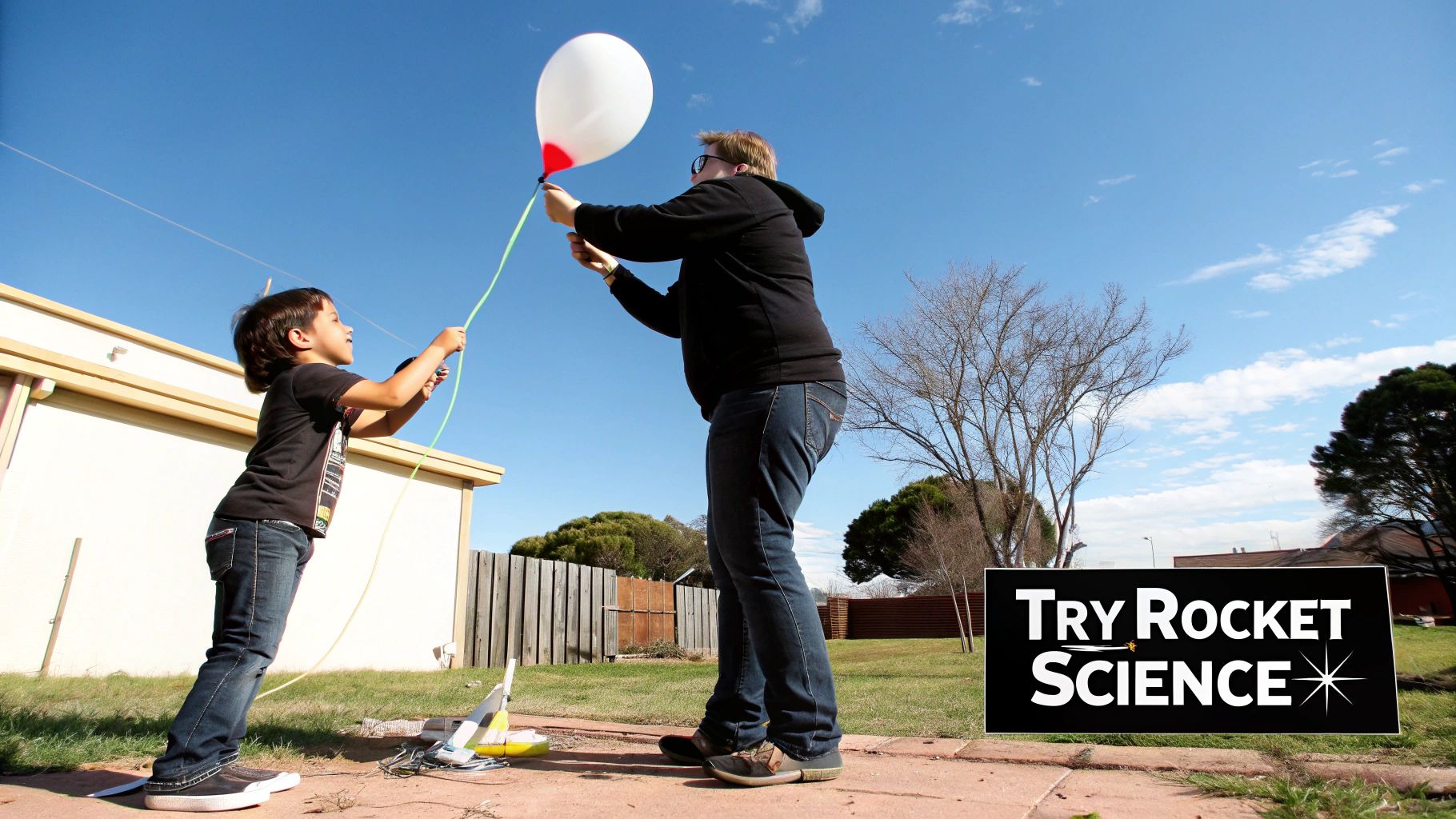 A child and adult outside preparing a white balloon, next to a 'Try Rocket Science' sign.