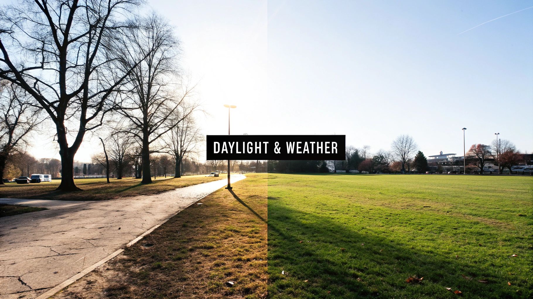 Split image comparing a park with warm daylight and bare trees to a sunny day with green grass.