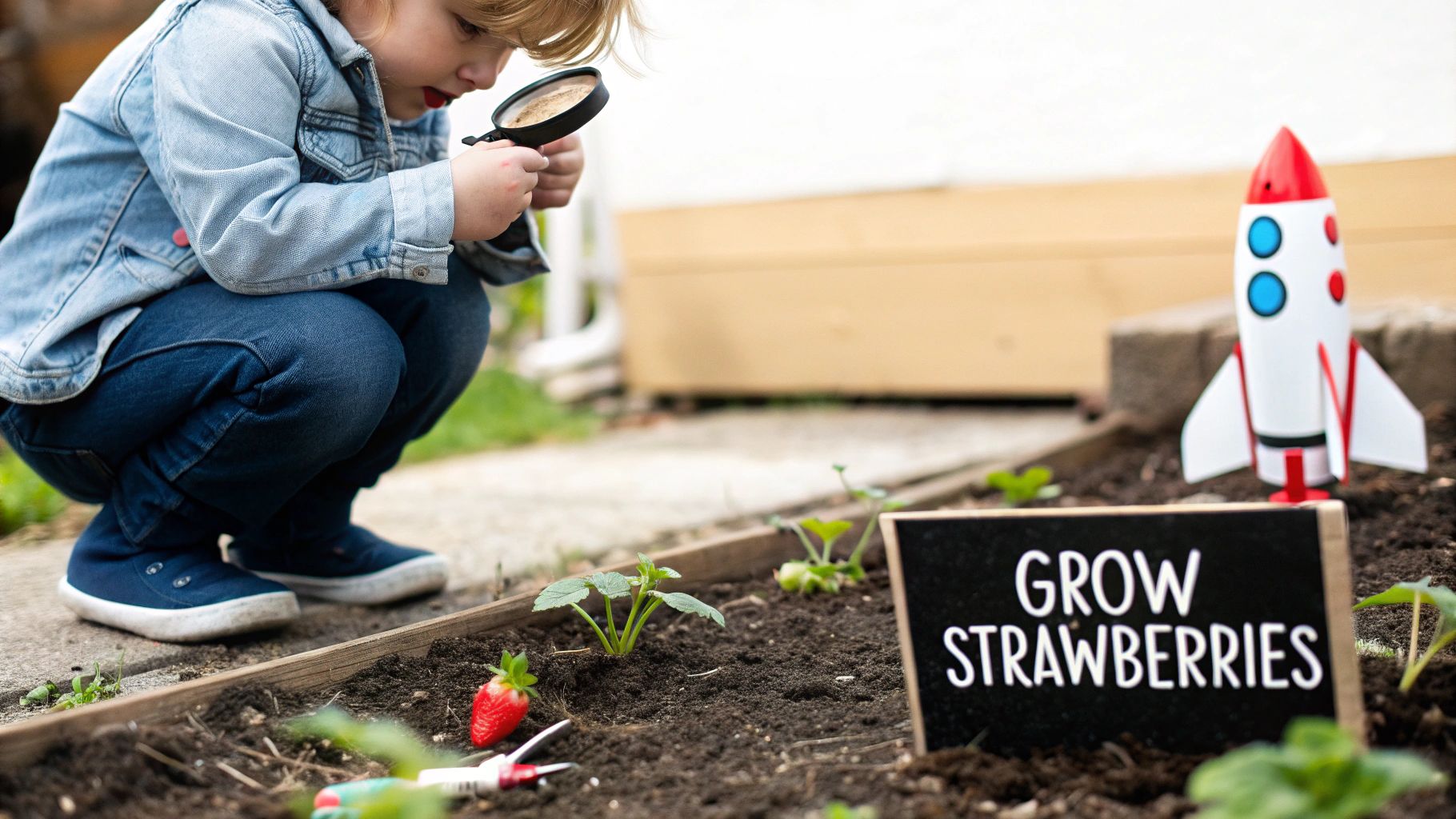 A curious child uses a magnifying glass to inspect new strawberry plants in a home garden.
