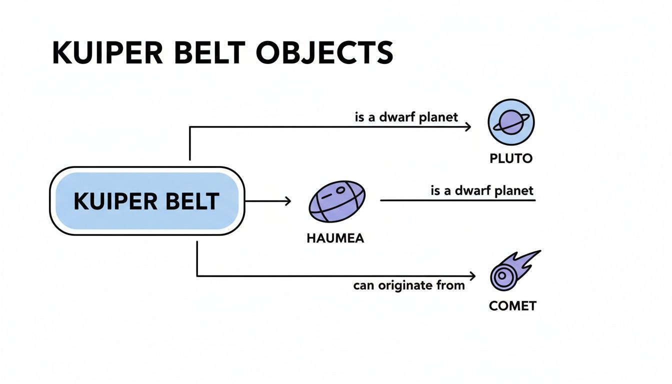 Diagram illustrating Kuiper Belt objects: Pluto, Haumea (dwarf planets), and comets.