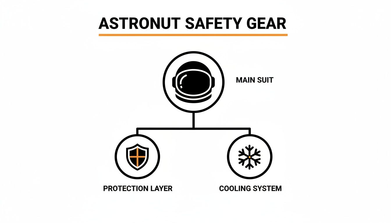 Diagram illustrating astronaut safety gear components, including the main suit, protection layer, and cooling system.