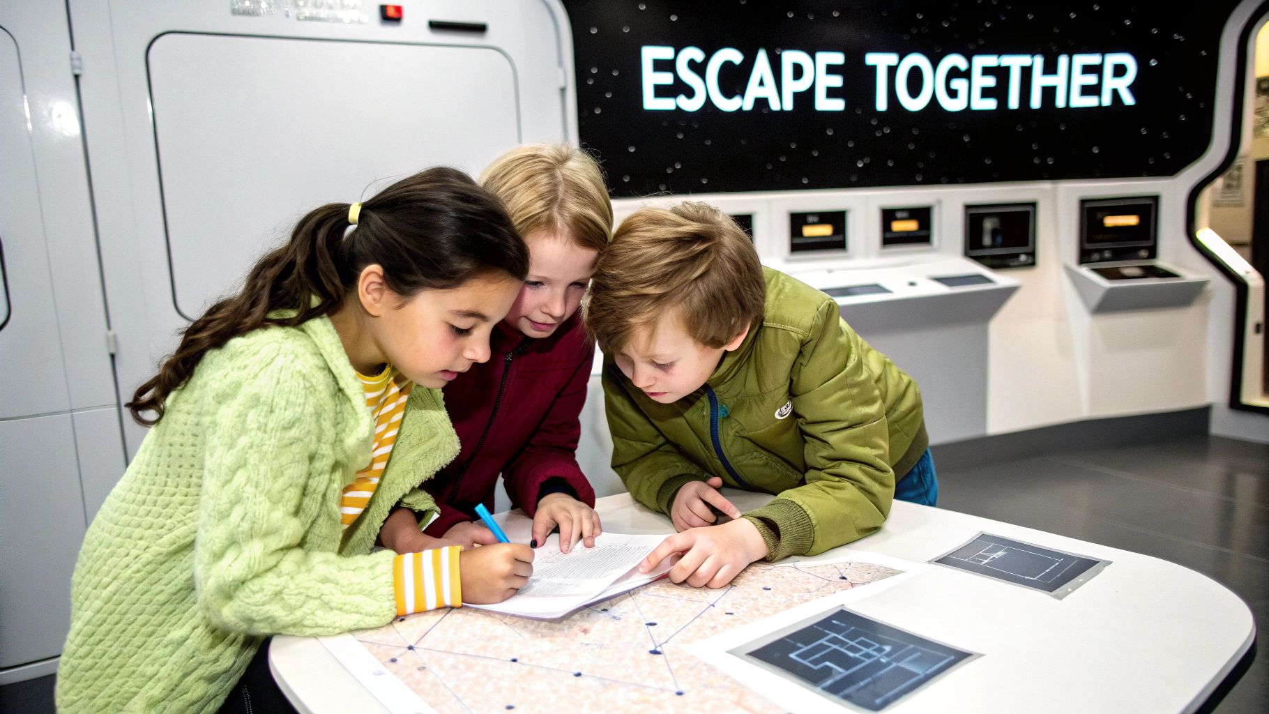 Three children intensely focused on solving a problem with a map and papers in an interactive exhibit.
