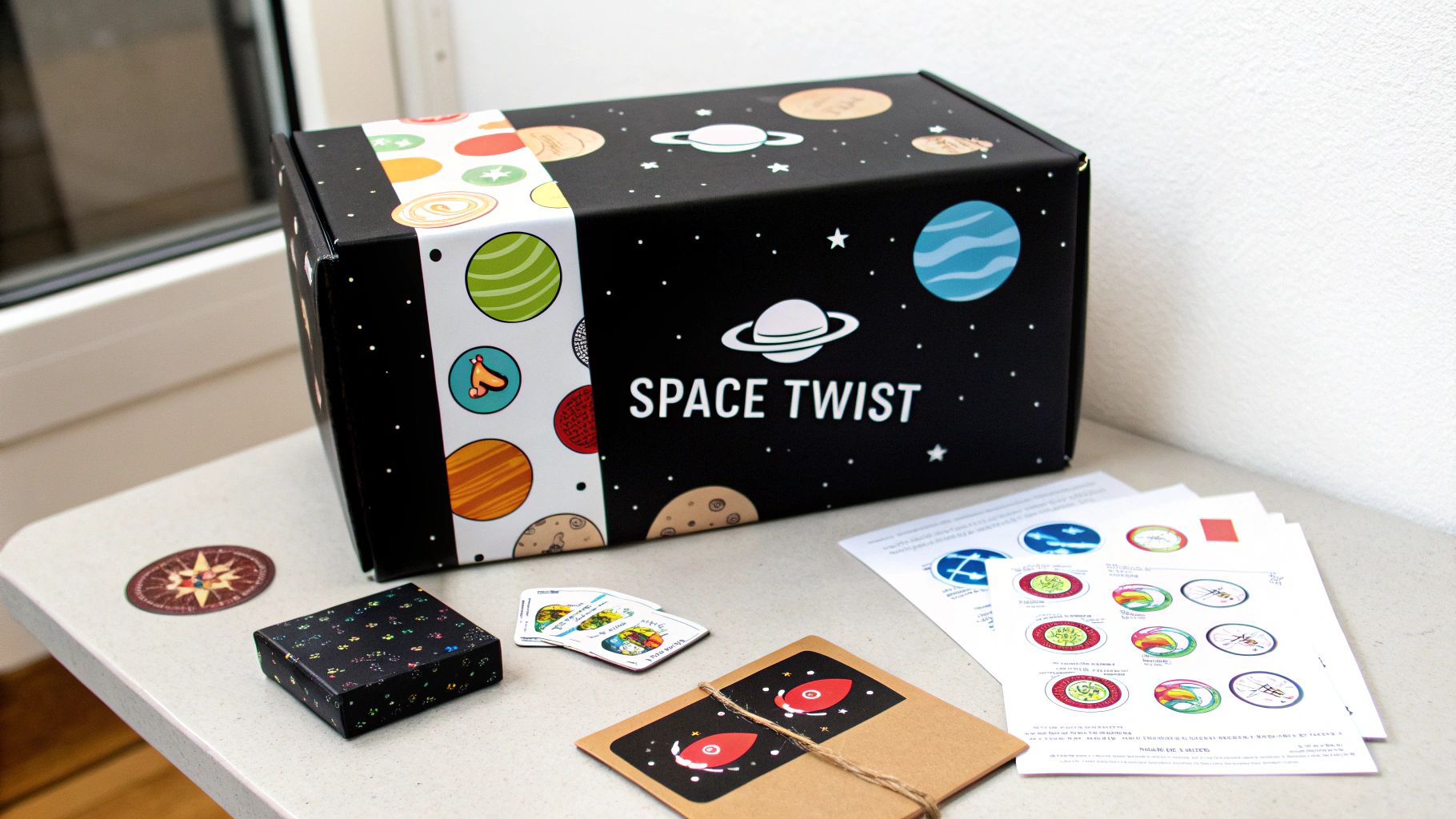 A black 'SPACE TWIST' game box with planet illustrations and various accompanying game components on a table.