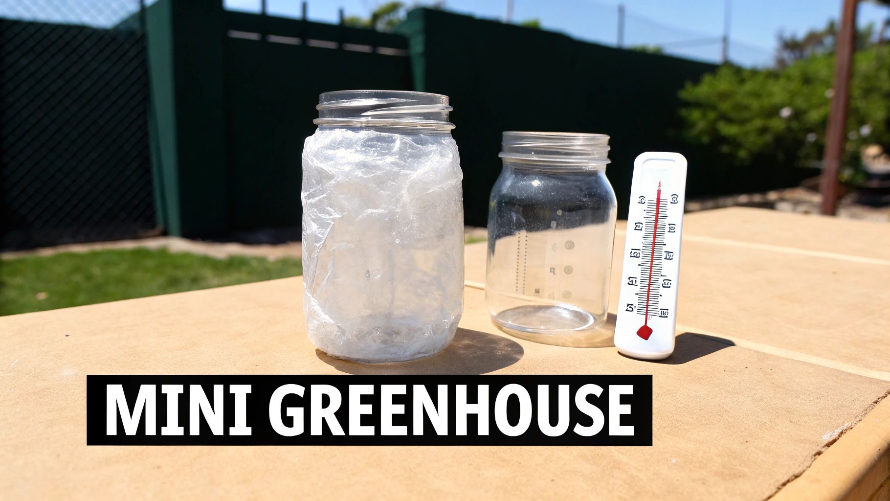 Two clear jars and a thermometer on an outdoor table for a mini greenhouse experiment.
