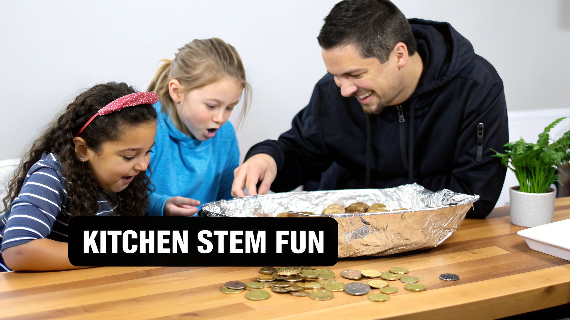 A smiling man and two excited girls engage in a kitchen STEM activity with an aluminum foil tray and coins.