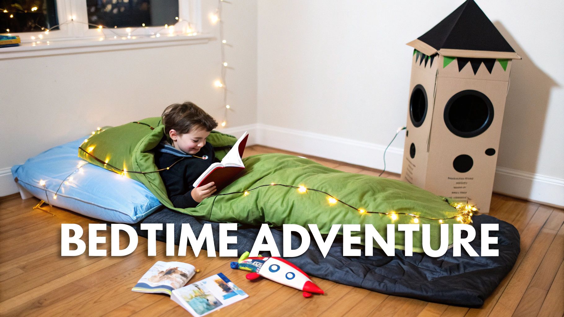 Child in a themed childrens sleeping bag bed, surrounded by toys that create an adventurous atmosphere.