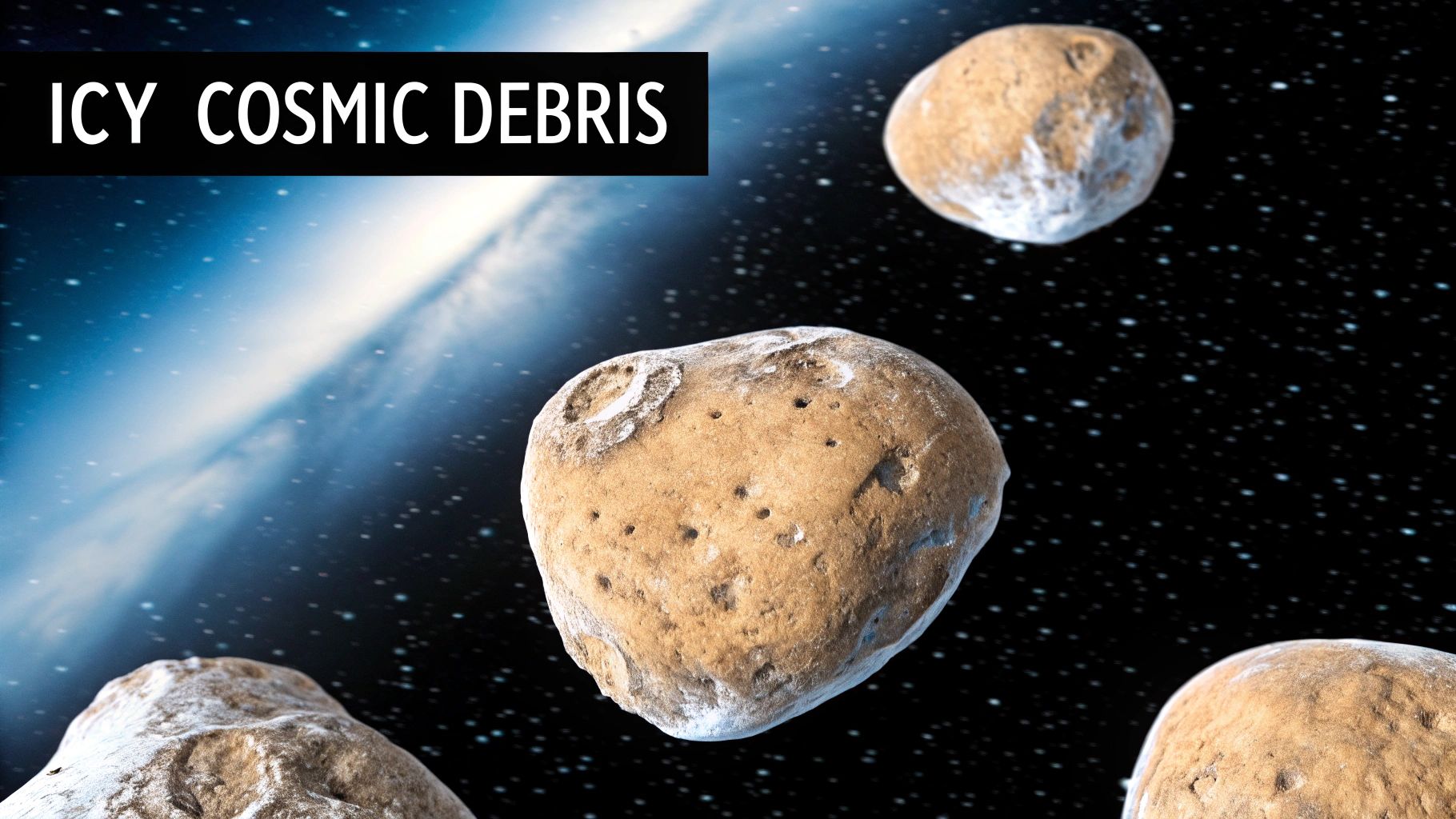 An artistic rendering of several icy, cratered cosmic debris objects floating in the vastness of space with stars.