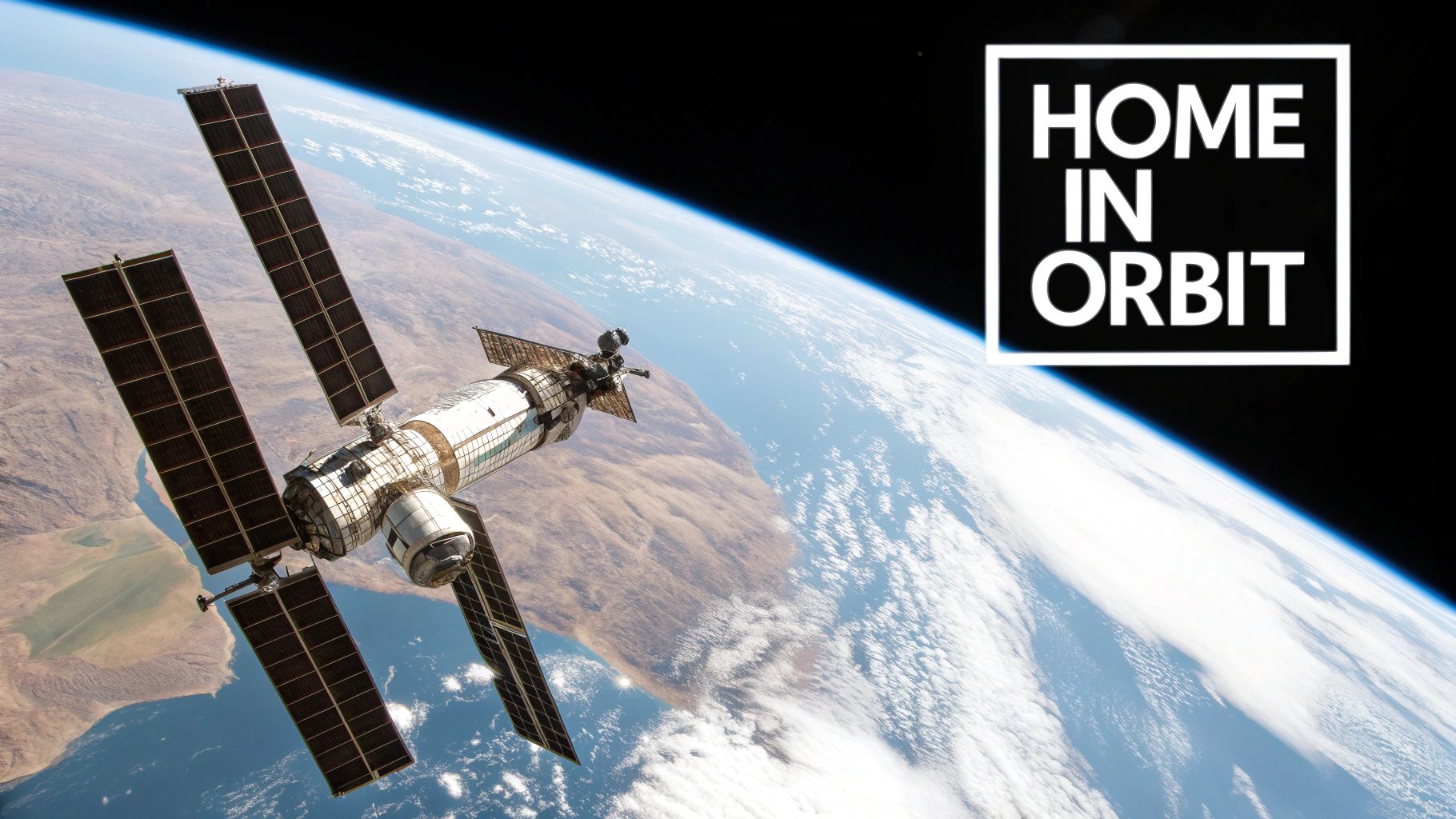 Astronaut floating inside a space station with Earth visible through a window