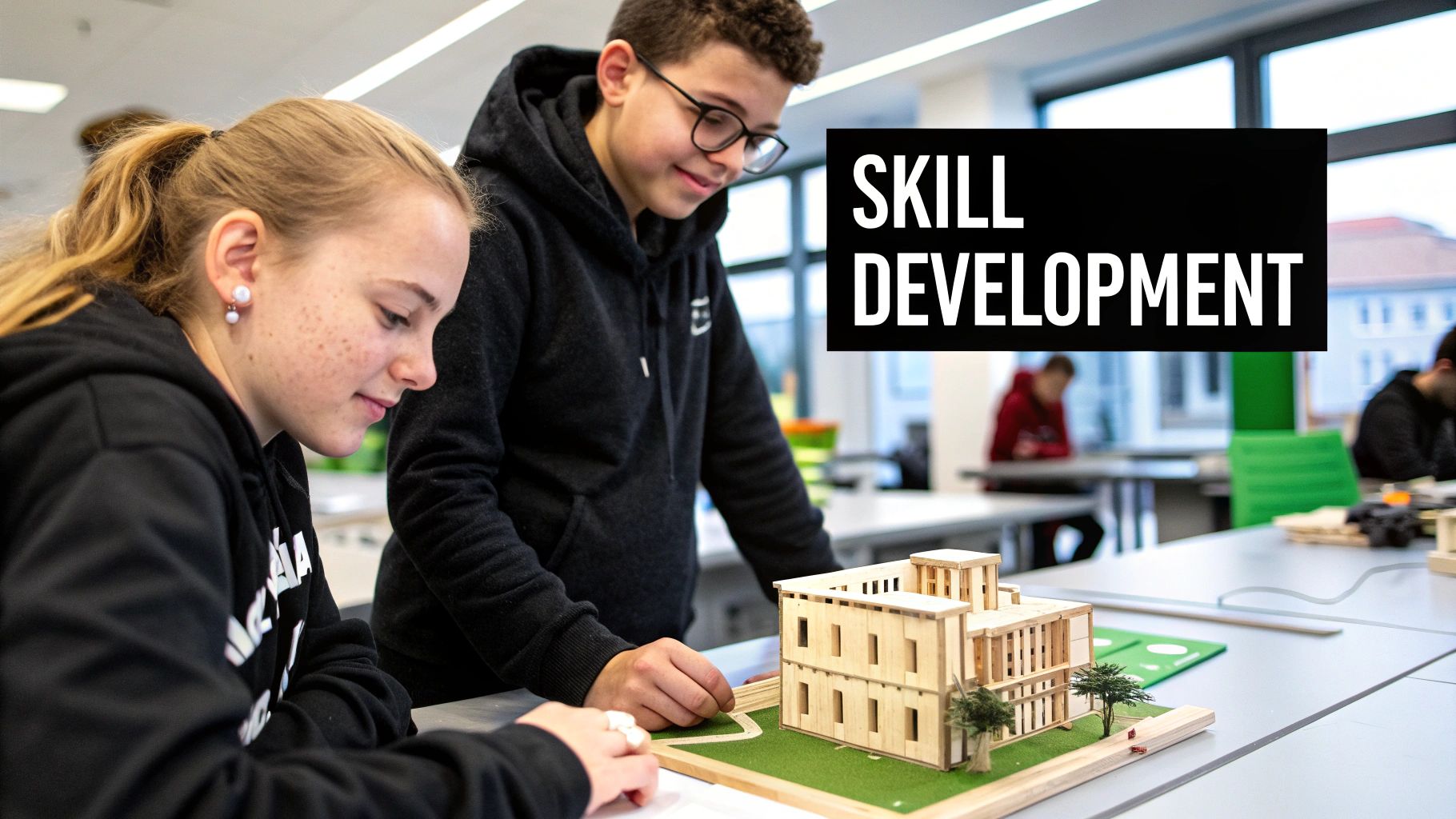 A child wearing safety goggles looks intently at a science experiment with colourful liquids.