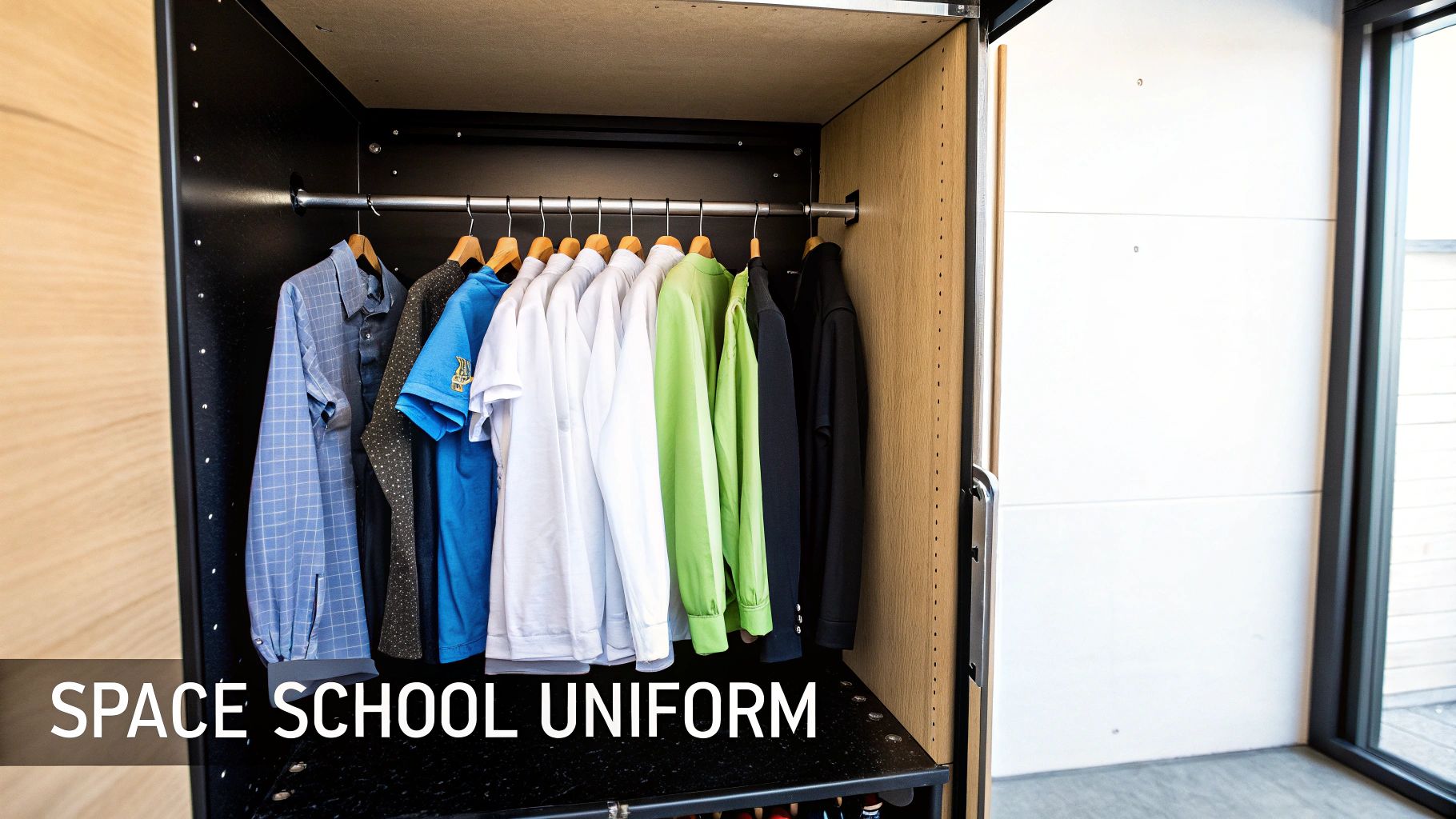 An open closet displays a variety of space school uniforms hanging on a rod.