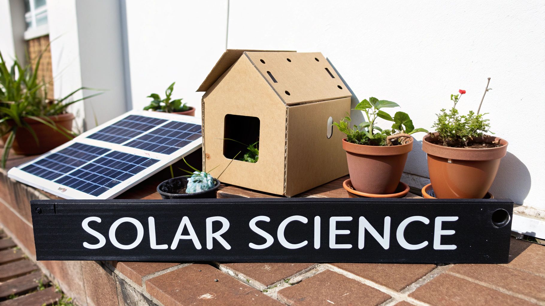 Outdoor setup with a solar panel, cardboard house, plants, and a 'Solar Science' sign.