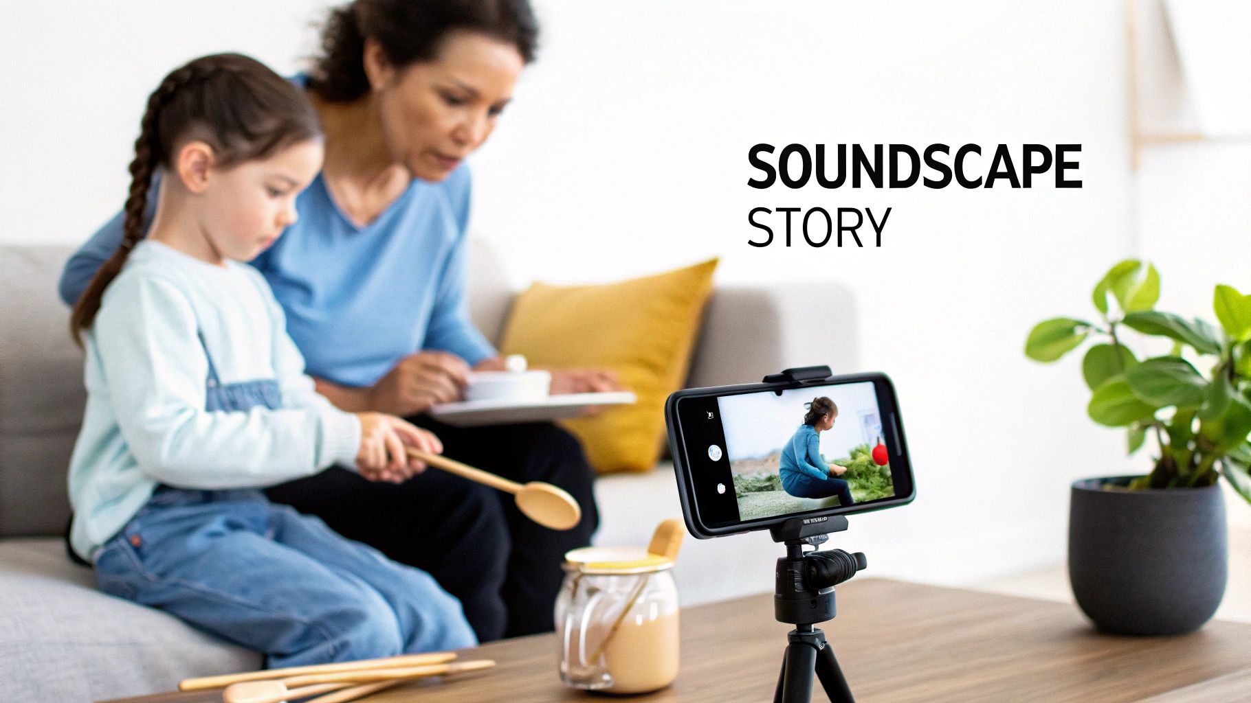 A young girl plays with wooden spoons, filmed by a smartphone for a 'soundscape story' video.