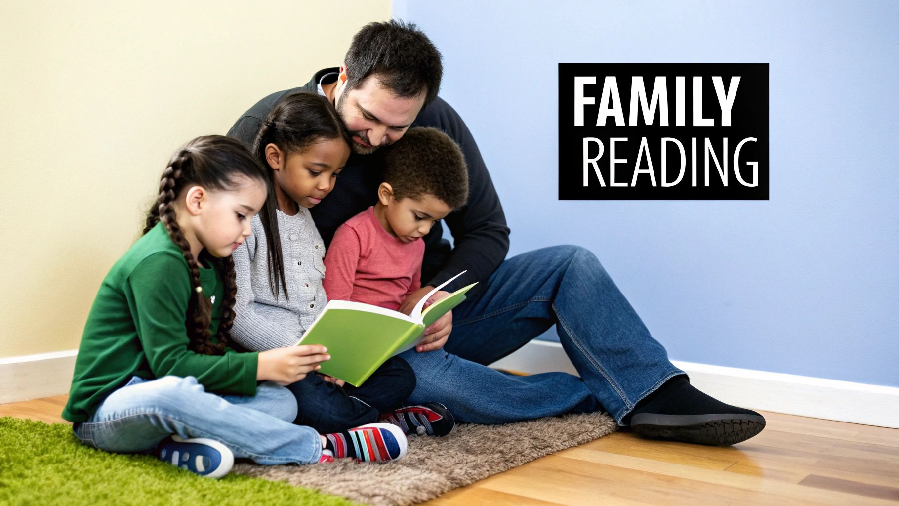 A child sitting comfortably on a pile of cushions, deeply engrossed in a book.