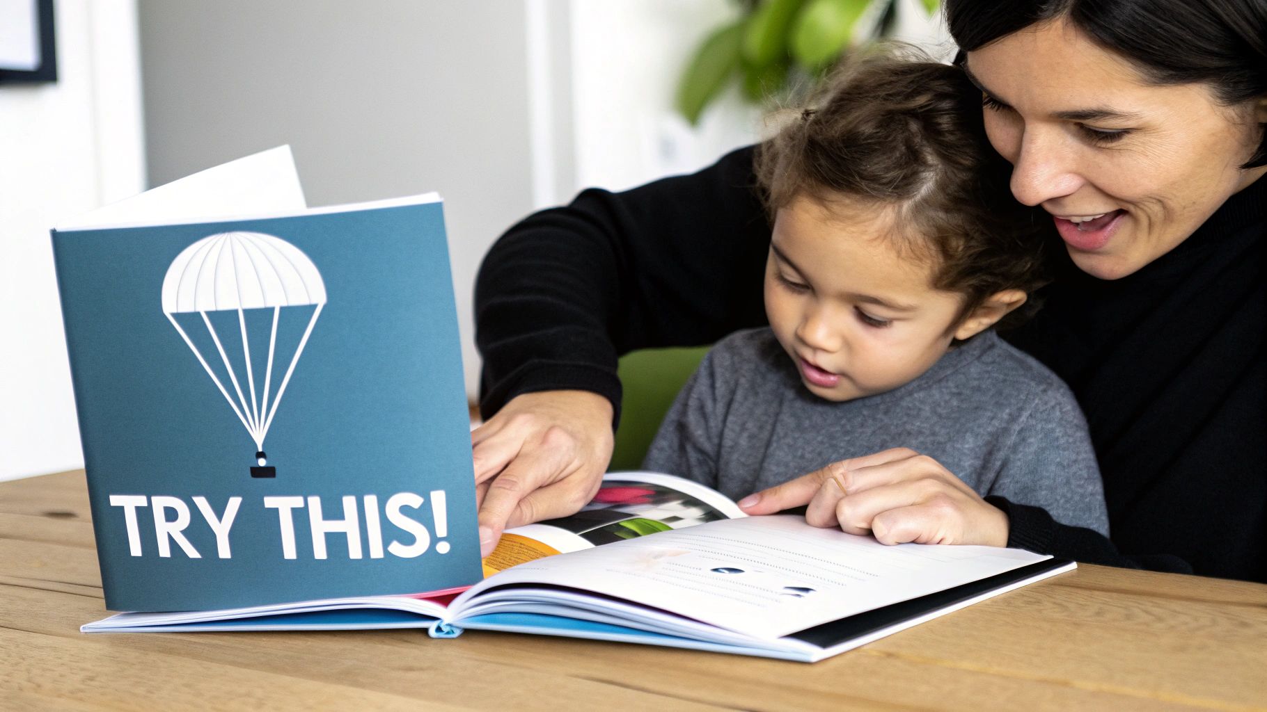 A child and parent happily engaged in a hands-on learning activity together.