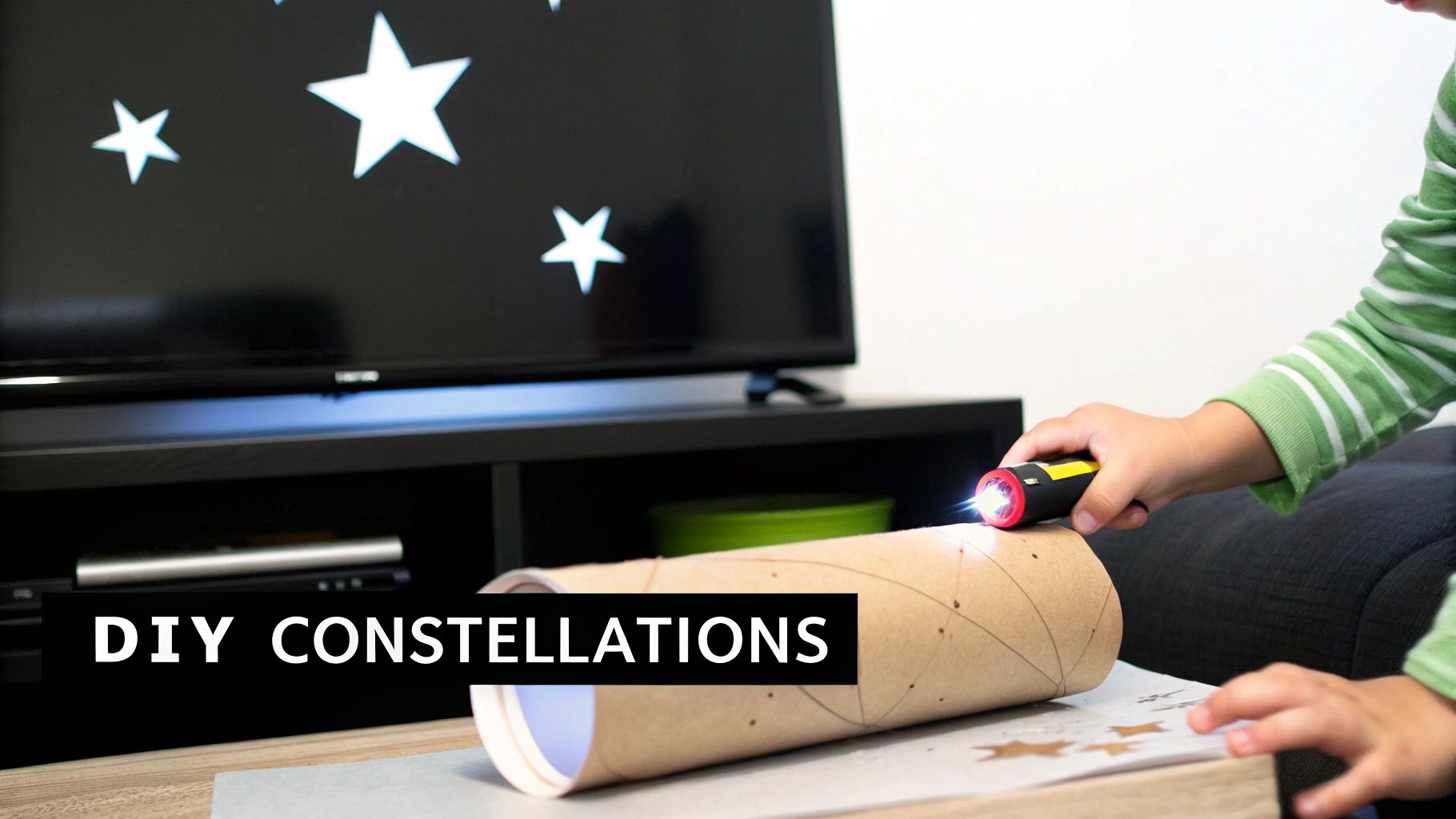 Child creating DIY constellations by shining a flashlight through a patterned cardboard tube.