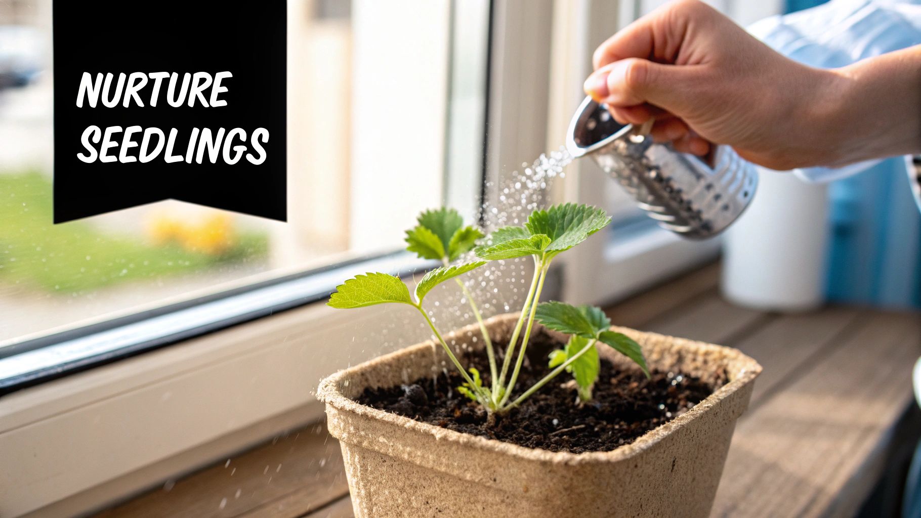 A hand gently waters a young strawberry seedling growing in a biodegradable pot by a sunny window.