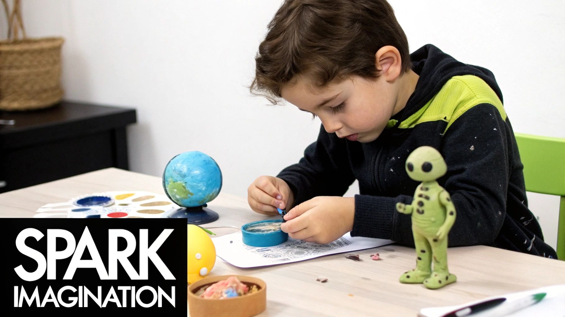 A young boy intently working on a craft project with a globe and alien toy on a table.