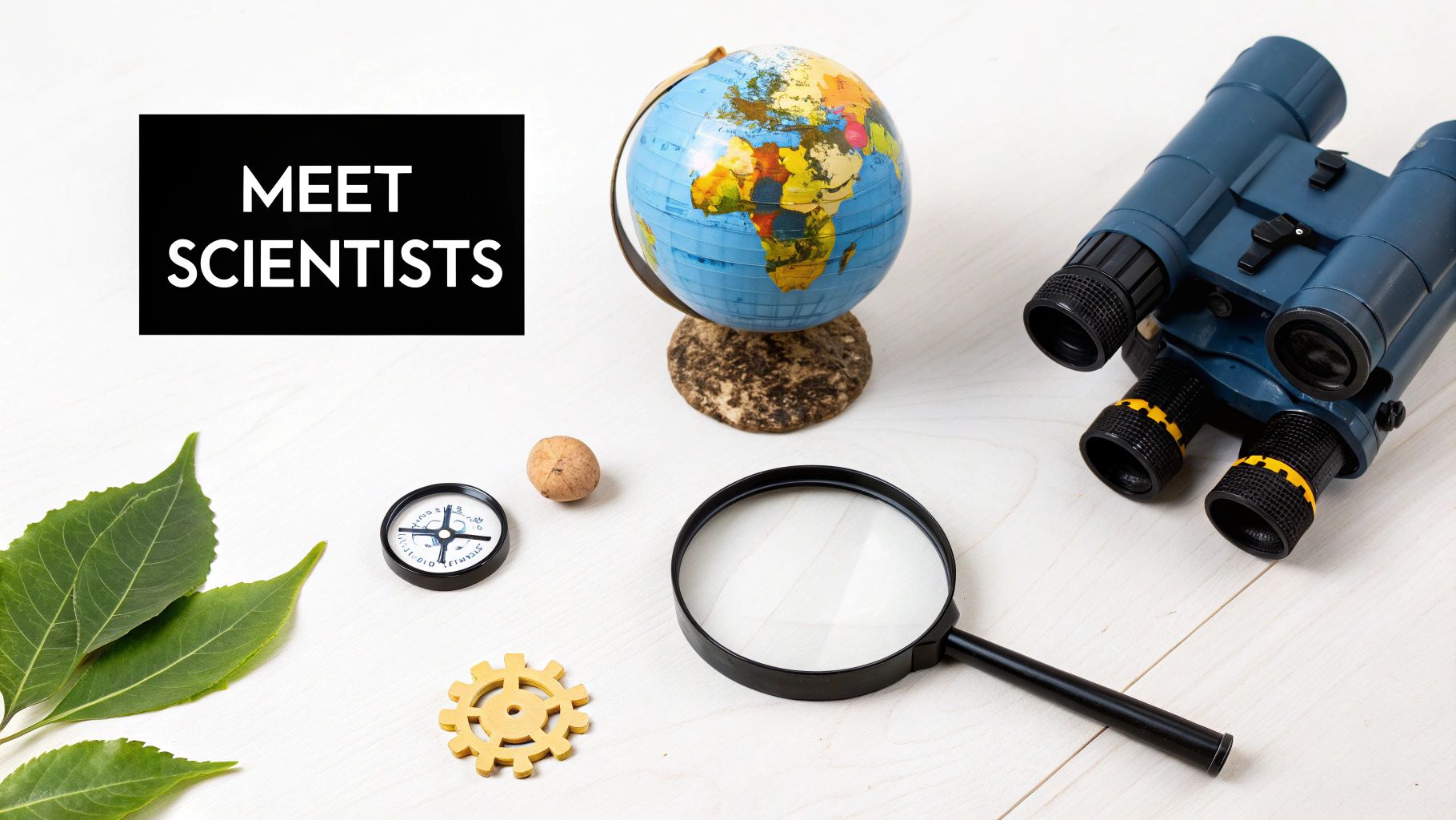 A flat lay of science-related objects including a globe, binoculars, magnifying glass, and a sign 'MEET SCIENTISTS'.