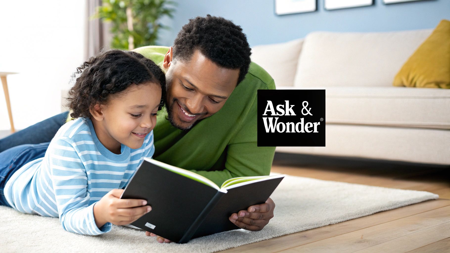 A child and a parent reading an exciting book together on a sofa.