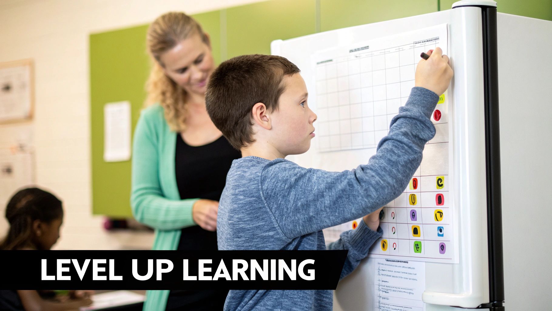 A young boy writes on a progress chart attached to a refrigerator, supervised by a woman.