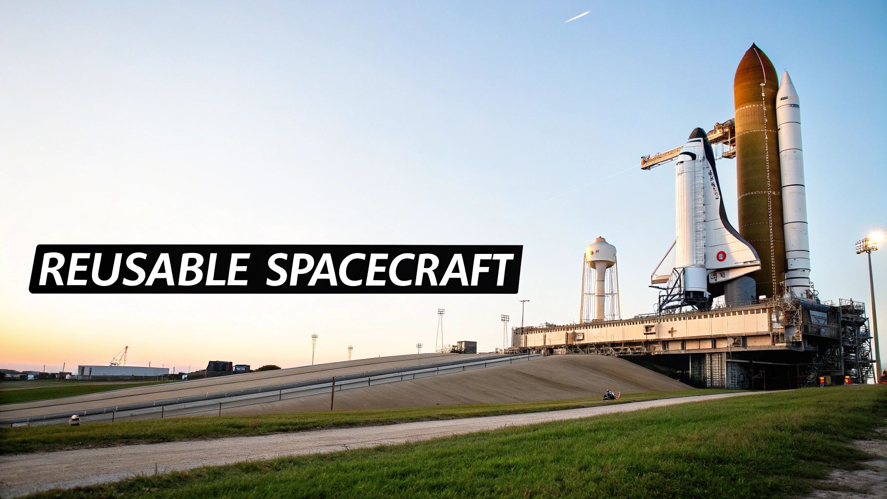 A Space Shuttle ready for launch on a pad, with its external tank and boosters, against a clear sky.