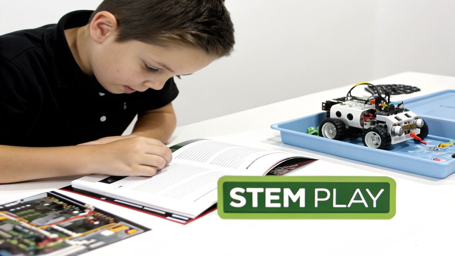 A young boy reads an instruction manual next to a STEM robot kit in a blue tray.