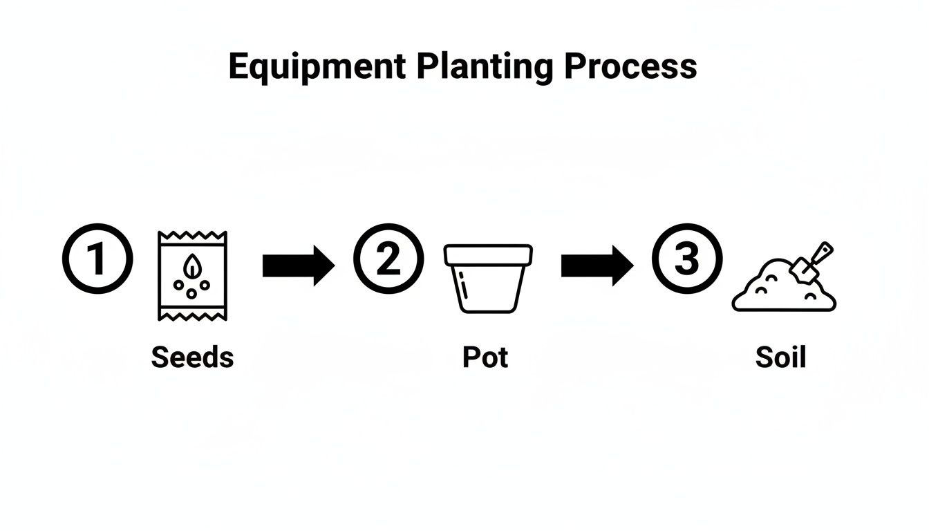 A simple three-step diagram illustrating the equipment planting process: seeds, pot, and soil.