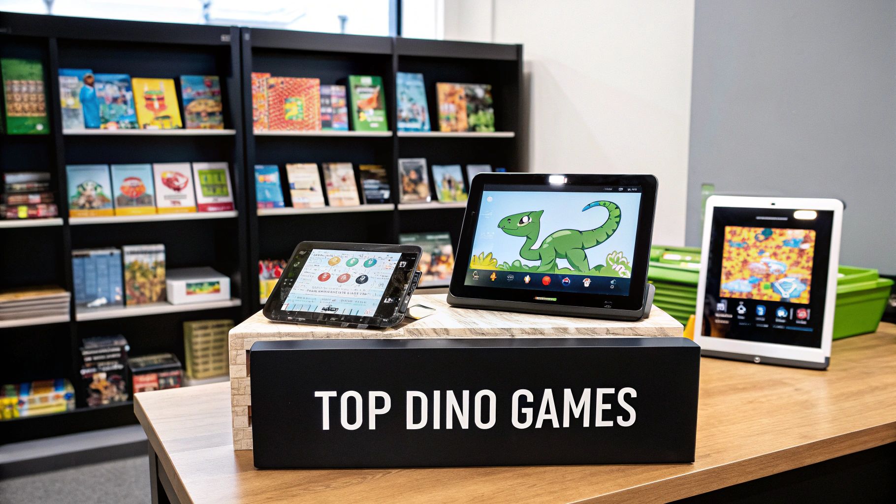 Children gathered around a table, playing a colourful dinosaur-themed board game with excitement.