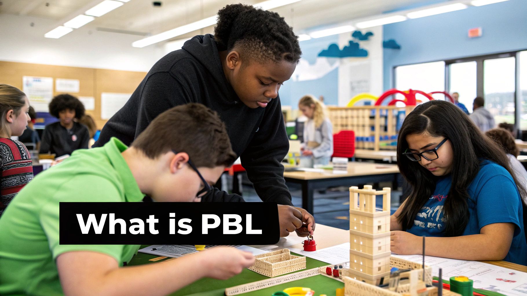 Children collaborating on a project with colourful notes and drawings.