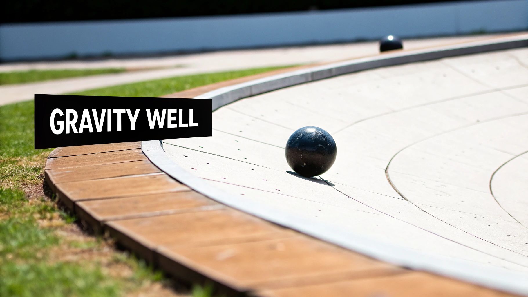 A gravity well model with a black ball rolling on a curved surface, demonstrating planetary orbits.